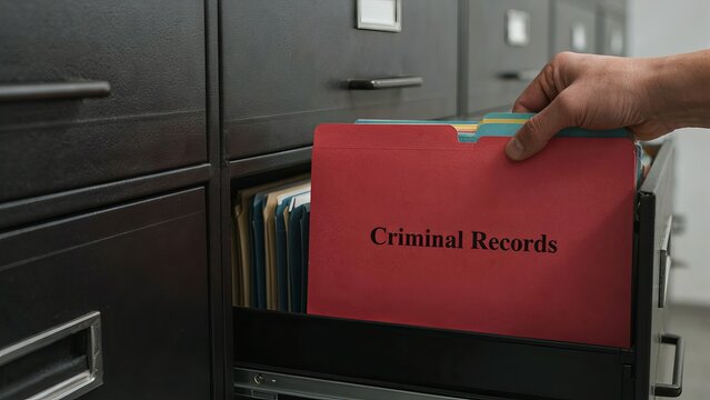 Criminal records folder being carefully retrieved from a dark metal filing cabinet drawer in an office setting.