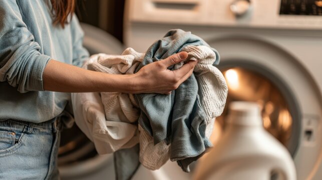 Woman handling freshly washed clothes in a contemporary laundry room with washing machines. Concept of household chores, laundry care, home maintenance, cleanliness and sustainable living