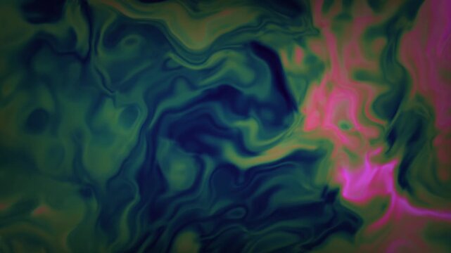 Fluid motion abstract background with swirling deep blue green and vibrant pink ink diffusion