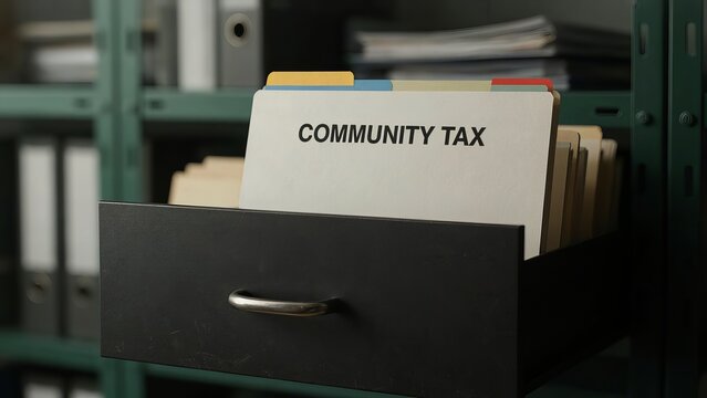 Community tax folder standing inside an open filing cabinet drawer ready for retrieval in a busy municipal office.