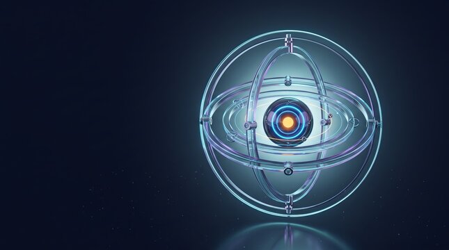 Orbital glass 3D mechanism rendered around luminous core
