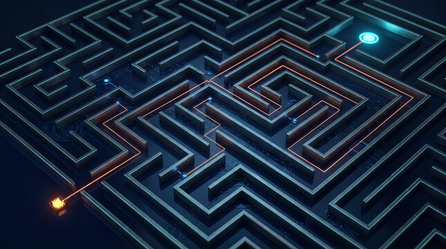 Neon 3D maze rendered with an illuminated data route
