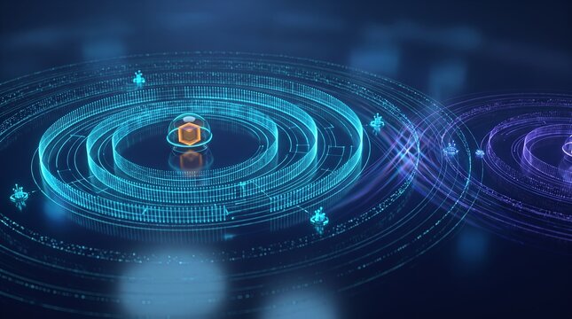 Circular 3D interface rendered as an encrypted data hub
