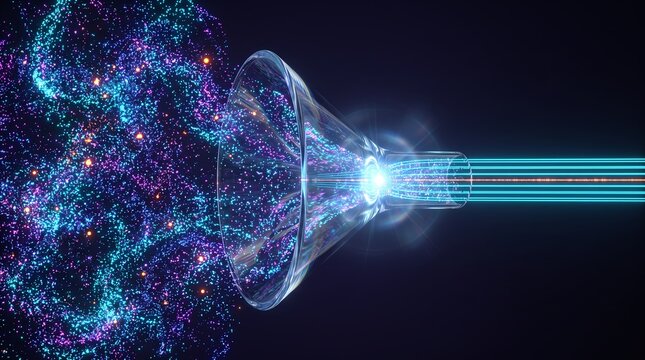 Particle 3D cloud funnels into focused data beams