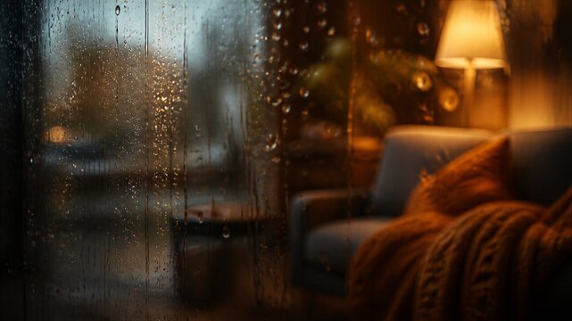 Rain drops on window glass with blurred cozy living room and warm lamp light behind. Autumn hygge atmosphere at home. Comfort and relaxation concept for seasonal lifestyle design.