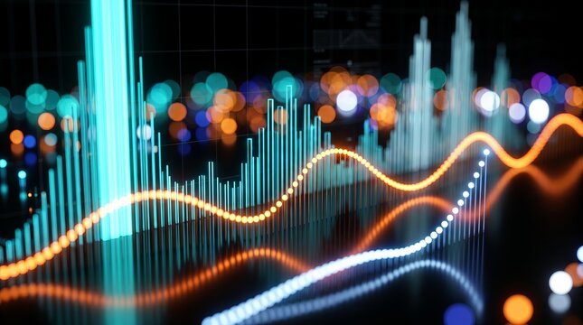 Colorful 3D data chart rendered across luminous bars