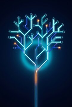 Circuit 3D tree rendered with glowing network branches
