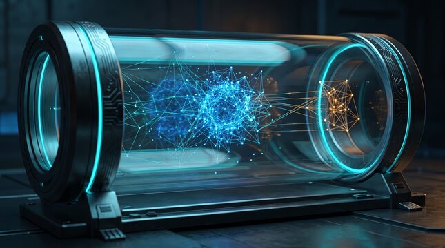 Particle clusters rendered inside a glass 3D data chamber