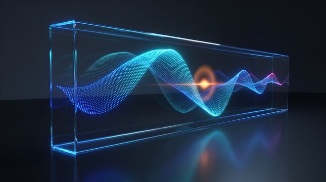 Transparent 3D panel renders flowing digital waveforms