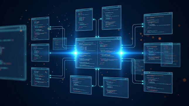 Central 3D code hub branching into eight linked windows