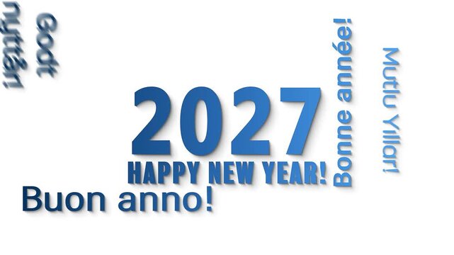 Video animation of a word cloud in different languages with the message happy new year in blue over white background - represents the new year 2027.