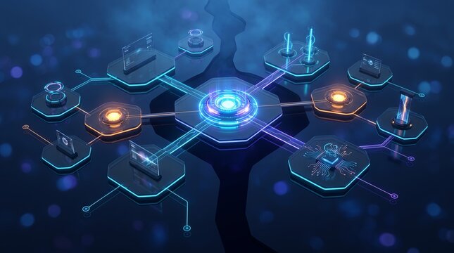 Isometric 3D network hub linking futuristic tech icons