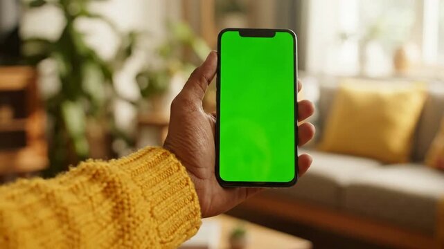 Hand holding smartphone with green screen for app mockup in cozy home interior chroma key mobile device