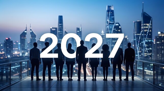 Group of people silhouetted against a futuristic cityscape with the year 2027 prominently displayed