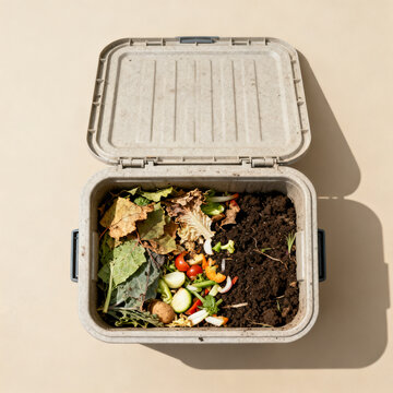 Home composting box with vegetable scraps fruit peels and soil for eco friendly living.