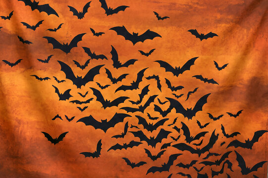 Halloween Bat Banner on Canvas with Black Bat Silhouettes and Orange Background