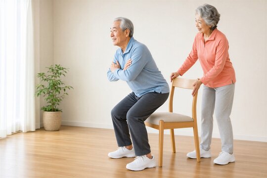 自宅で椅子からの立ち上がり訓練をする日本人の高齢男性と見守る妻