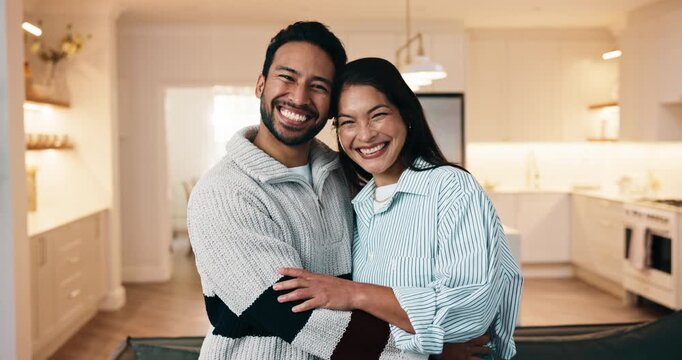 Face, smile and couple in living room with hug, commitment or love bonding together on weekend break. Happy, people dating and embrace in house with romantic connection, care and loyal relationship.