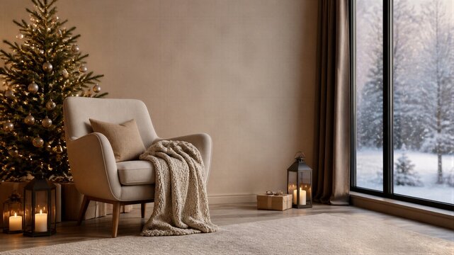 Cozy living room interior with decorated christmas tree, armchair with knitted blanket and candle lanterns. Winter holiday home atmosphere with snowy view through window.