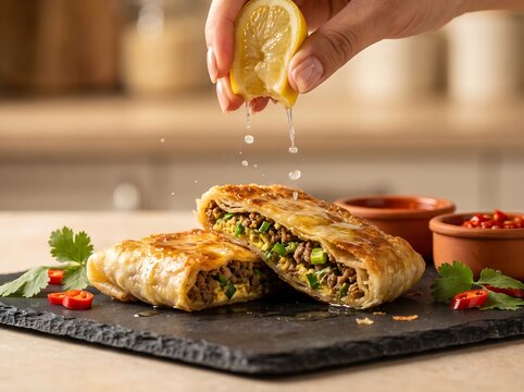 Hand Squeezing Fresh Lemon Juice over Saudi Arabia Mutabbaq Meat Pastry