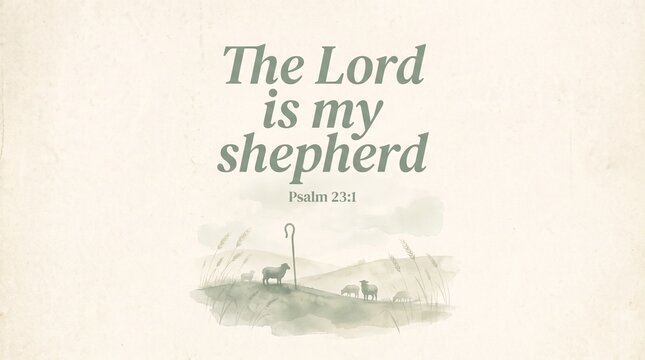Soft muted poster design, dusty sage green and cream color palette, elegant serif typography 'The Lord is my shepherd' Psalm 23:1, delicate watercolor illustration of wheat fields or sheep silhouette