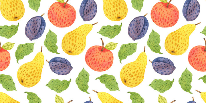 Watercolor handdrawn seamless pattern with illustrations of ripe fruits and leaves on white. Pear, plum and apple.