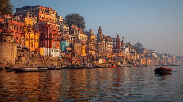 Ancient Indian ghats on Ganges river during sunrise with warm golden light and boats on water