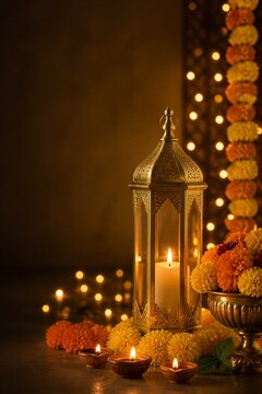 Golden lantern with burning candle and clay diya oil lamps decorated with marigold flowers and garland. Traditional Diwali festival celebration.