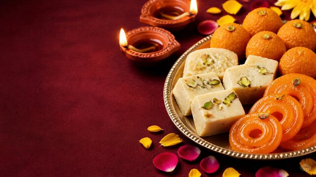 Indian sweets laddu barfi jalebi on brass plate with lit clay diya lamps and flower petals on red background. Diwali festival celebration with traditional mithai dessert.