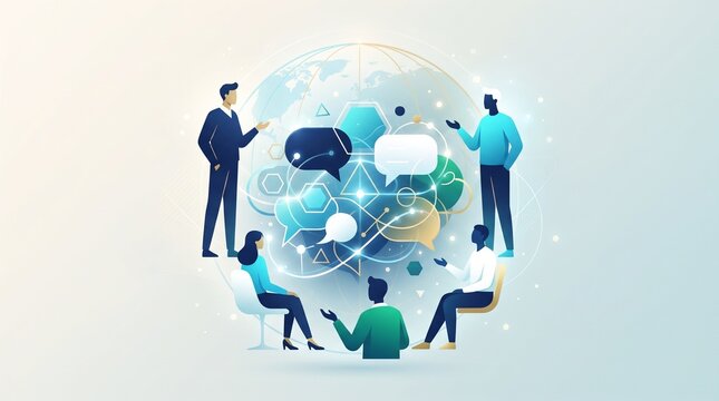  Business silhouettes around interconnected globe with network icons representing global teamwork, communication and digital collaboration.