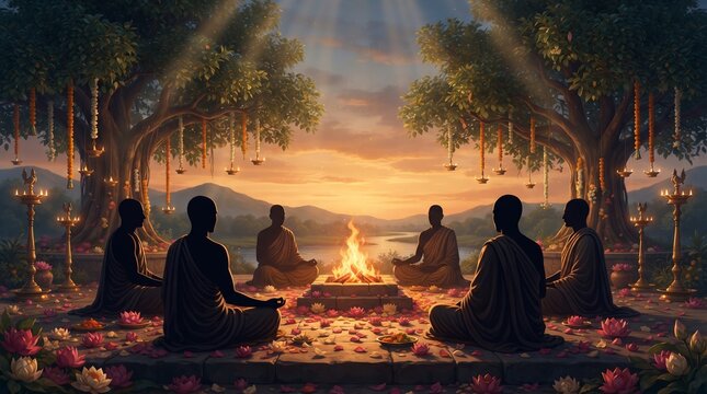 Ancient sages seated around sacred fire beneath trees at sunset meditating and chanting in peaceful Hindu spiritual forest