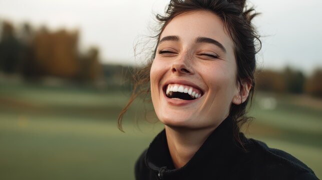 Young woman laughing outdoors with eyes closed during golden hour with blurred background showing happiness and joy