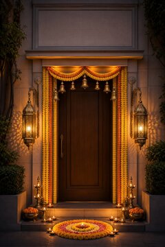 Wooden door decorated with marigold flower garlands, brass bells, lanterns and oil lamps with rangoli of petals and candles on steps.