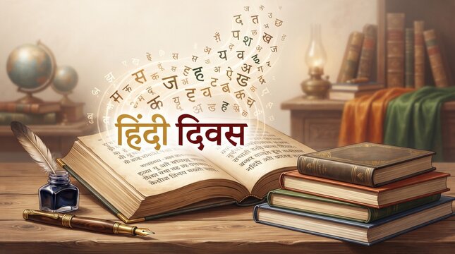 Educational Hindi book stack with open pages, fountain pen and ink bottle for Hindi Diwas language learning background