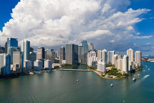 Miami skyline with towers and business skyscrapers in Brickell district. Miami panorama with skyscrapers. Miami Brickell downtown.