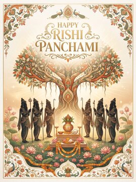 Happy Rishi Panchami festival poster with sages under sacred tree, lamps and floral arch in warm devotional artwork