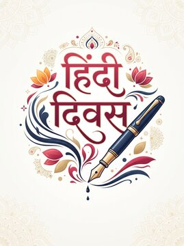Hindi Diwas vector illustration with calligraphic Hindi typography, ink splash and decorative floral elements on light background