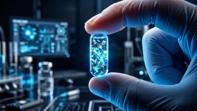 Scientist holding glowing vial in laboratory representing pharmaceutical research and medical drug development
