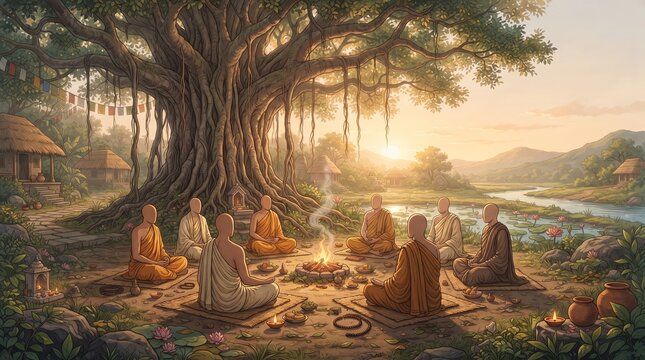 Ancient sages meditating beneath massive tree overlooking river valley at sunrise in serene Rishi Panchami spiritual landscape