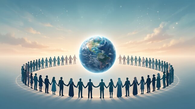  Silhouettes surrounding luminous Earth on horizon at sunrise symbolizing global democracy, unity and human rights awareness