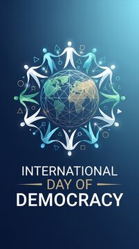  Vertical International Day of Democracy emblem with glowing Earth, laurel wreath and people silhouettes on blue gradient background.
