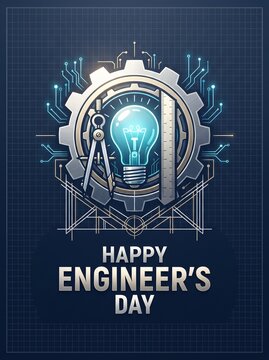 Engineer&rsquo;s Day greeting card design with bold typography, gear icons and blueprint style background for professional celebration