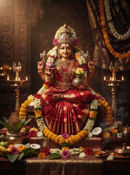 Gowri goddess devotional artwork with richly adorned idol, flower garlands and brass lamps for South Indian festival worship