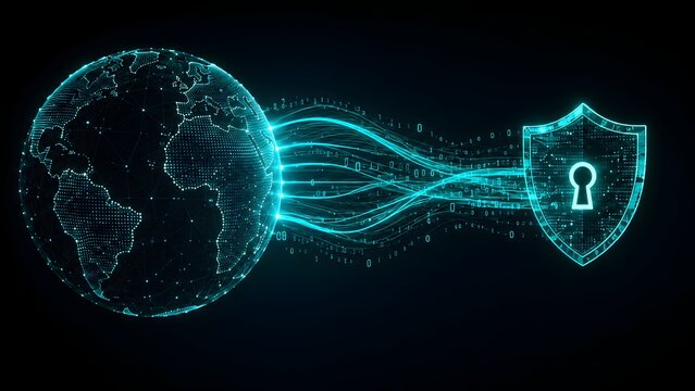 Global cyber security network connecting digital earth globe to glowing shield representing international data protection and internet privacy