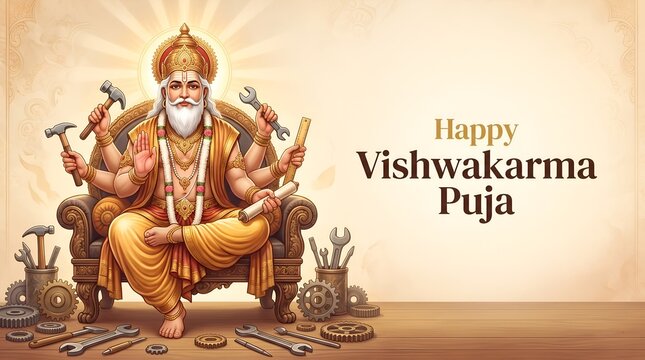 Majestic Vishwakarma seated center-left on an ornate carved throne, calm benevolent expression