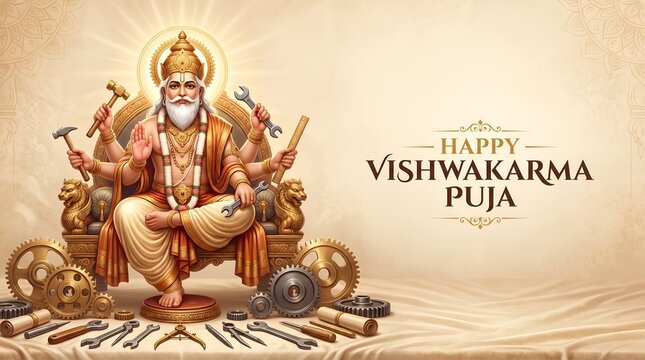 Happy Vishwakarma Puja &ndash; Lord Vishwakarma Indian Festival Greeting Banner
