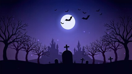 Fototapeta premium Spooky halloween graveyard landscape with a haunted castle under a full moon