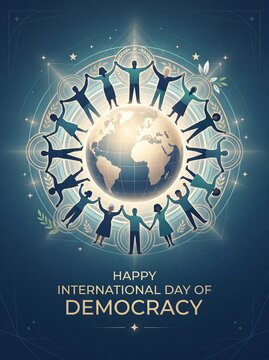 Happy International Day of Democracy emblem with people holding hands around Earth in ornate circular frame on dark blue background