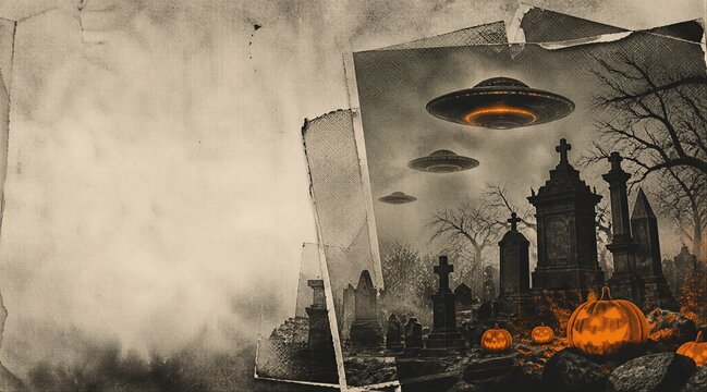 Halloween poster with torn paper and old photo of ufo saucers flying over misty graveyard. Glowing pumpkins among tombstones and crosses.