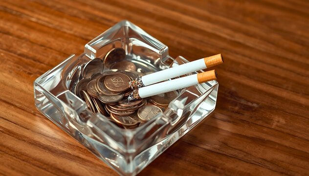 Two lit cigarettes burning in glass ashtray filled with coins symbolizing wasted money